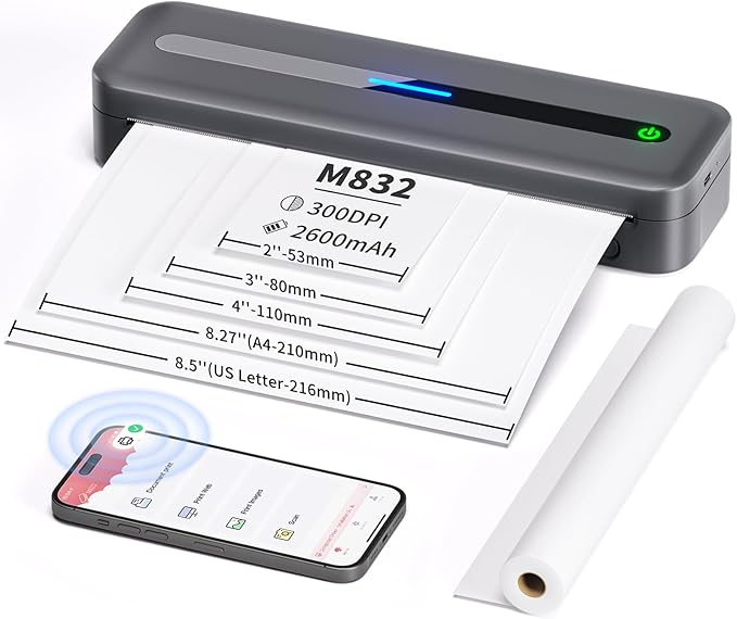 COLORWING Portable Printers Wireless for Travel, 300DPI Mini Compact Inkless Printer, Thermal Bluetooth Printer Compatible with Android and iOS Smartphone & Tablet & Laptop - Gray