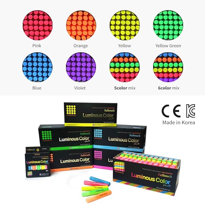 Hagoromo Fulltouch Luminous Chalk 1 Box, Non-Toxic, Dustless [72 Pcs/6 Color Mix]