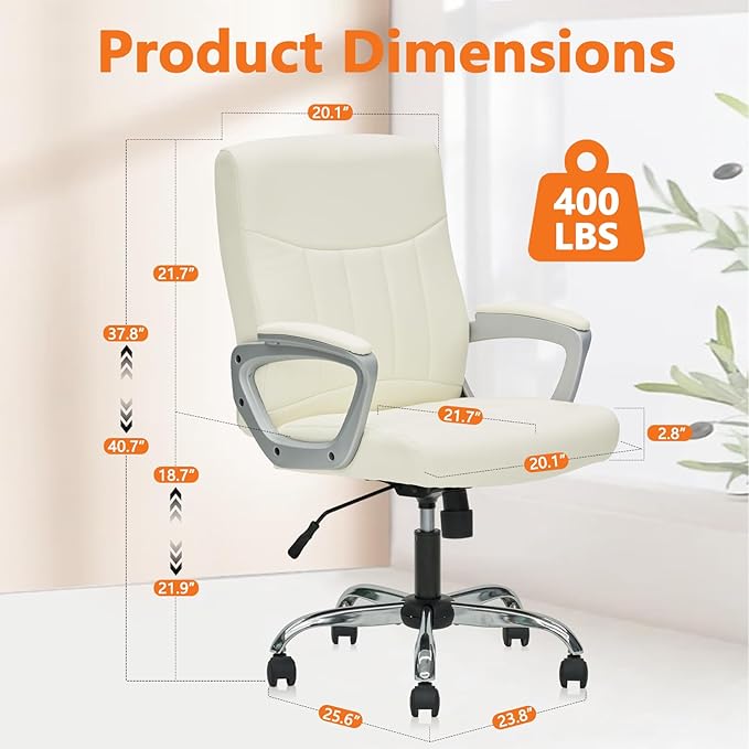 CLATINA Office Computer Desk Chair Executive Mid Back Chair Comfortable Ergonomic Managerial Chair Adjustable PU Leather Home Office Desk Chair Swivel, White 2PK