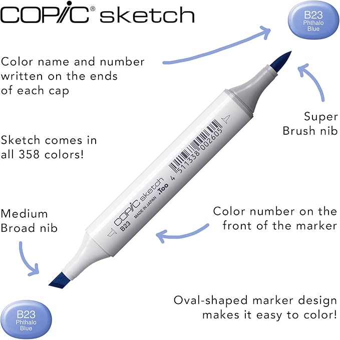 Copic Sketch Alcohol Markers, 6 Color Dual Tip Art Marker Set – Blendable Brush Tips for Drawing, Sketching, and Illustration – Professional Set for Adults/Teen Artists & Creators - Bold Primaries