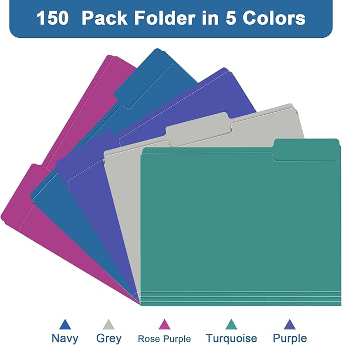 File Folder, RAZCC 150 Pack 1/3 Cut Tab File Folders Letter Size, Colored File Folders for Office Classroom Use, Colored Folders with Tabs, Assorted 5 Colors