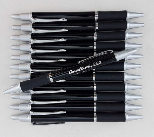 ezpencils - Personalized - Elegant Tip and Click Silver Accents on Black Solid Color Body and Black Grip - Bullet Ballpoint Pens - 12 pkg - ** FREE PERZONALIZATION **