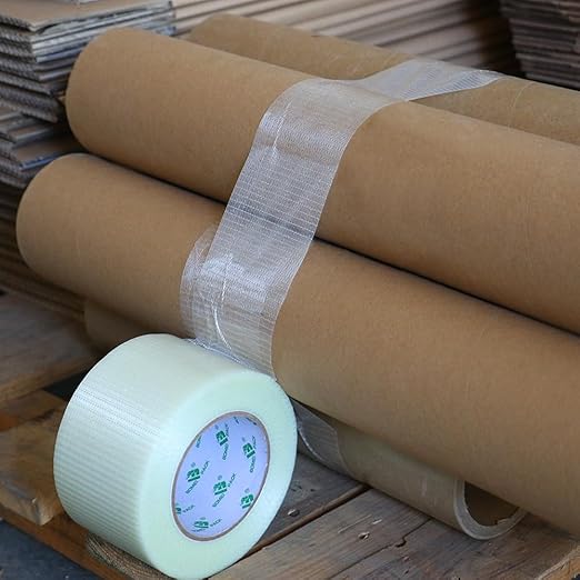 BOMEI PACK Fiber Reinforced Packing Tape 3 inch, Wide Clear Heavy Duty Bi Directional Filament Strapping Tape 3Inch x 55yds 6.7Mil, Total 4Rolls 220yds