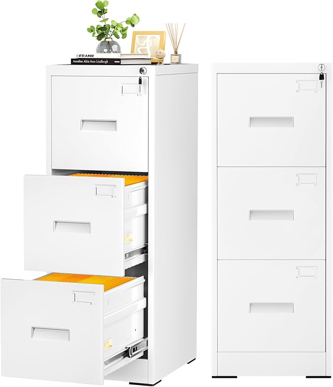 Crownland Lateral File Cabinet with 3 Drawers, 15" W Metal Lockable Office File Cabinets for Home Office- Stores Letter/Legal/A4/F4 Files(White)