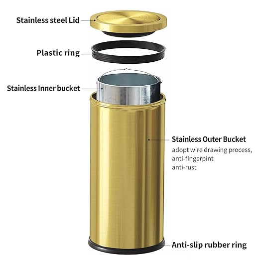 Brushed Gold Kitchen Trash Can with Swing Lid 7.8Gallon,Stainess Steel Commercial Garbage Can Wastebaskets for Shopping mall,Hotel Lobby,Airport, Elevator Entrance Using(Gold, 7.8 Gallon)