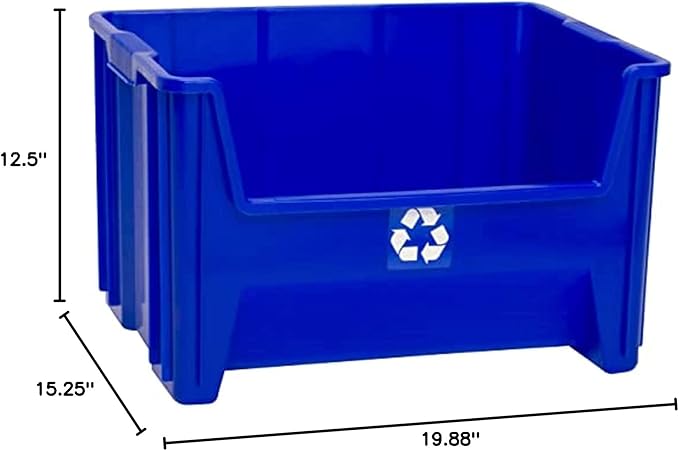 Commercial Industrial Heavy Duty Stackable Open-Front Recycling Bin Box Containers, 12.5 Gallon (Pack of 3), Blue