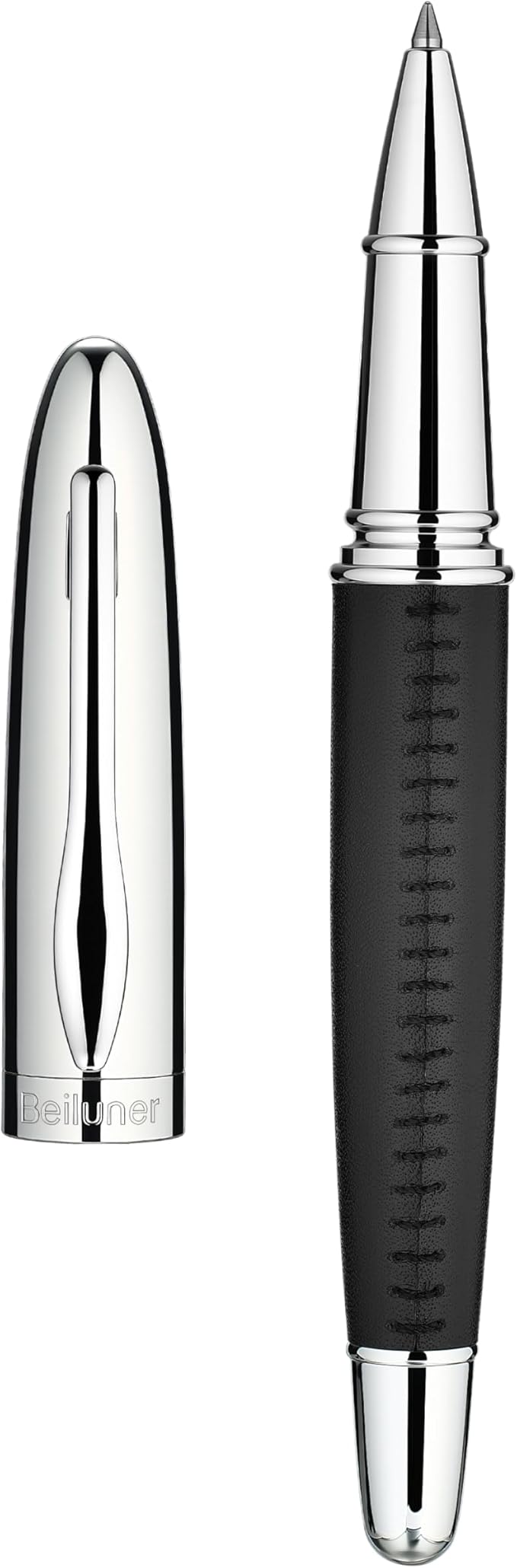 BEILUNER 318 Luxury Leather Pen, Hand-Stitched Premium Leather, Chrome-Plated Finish, Schmidt Ink Refill, Best Rollerball Pen Gift for Men & Women, Refillable, Executive Writing, Nice Pens