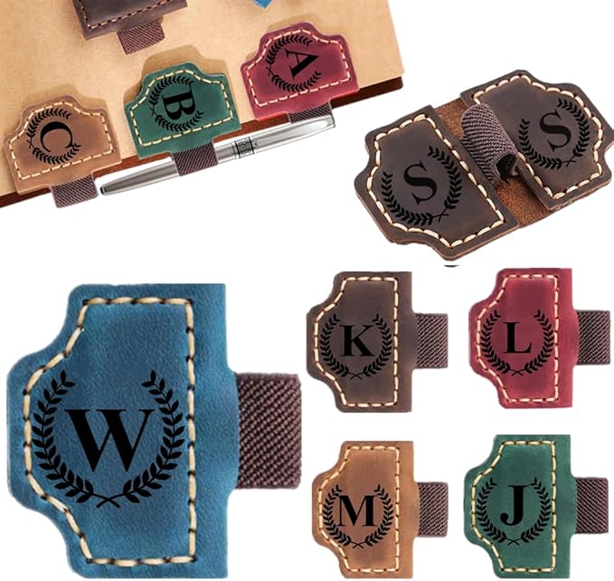 Custom Bookmark with Pen Holder with 26 Letters Personalized Magnetic Leather Book Mark, Customized Name Book Marker Clip with Initial for Men Women, Gifts for Book Lovers, Readers, (Blue, W)