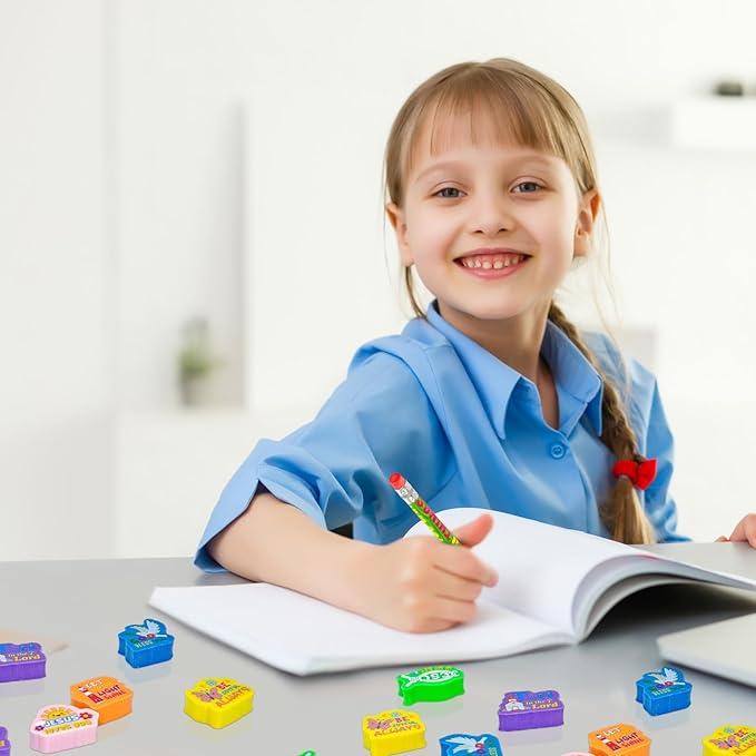 Cinrobiye 100 PCS Bible Verses Pencil Erasers Bulk Inspirational Scripture Eraser Christian Religious Favor Goody Bag Filler Gifts for Students Classroom Office Teacher Prizes Reward School Supplies