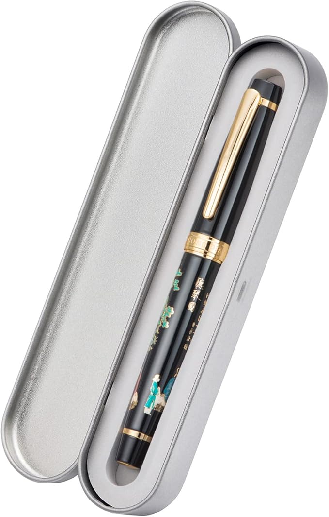 Hongdian 231 Chinese Classical Fountain Pen, Iridum Fine Gold Nib with Chinese Painting Design, Smooth Writing Pen with Ink Converter and Metal Pen Box Set