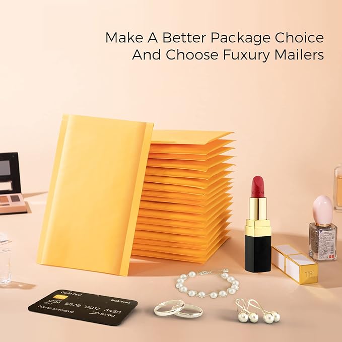 Fuxury Kraft Bubble Mailer 4x8” 50Pack Strong Adhesion Padded Envelopes Thick Bubble Envelopes Usable Size 4x7" Waterproof Cushioned Bubble Mailers Packaging for Small Business #000 Yellow