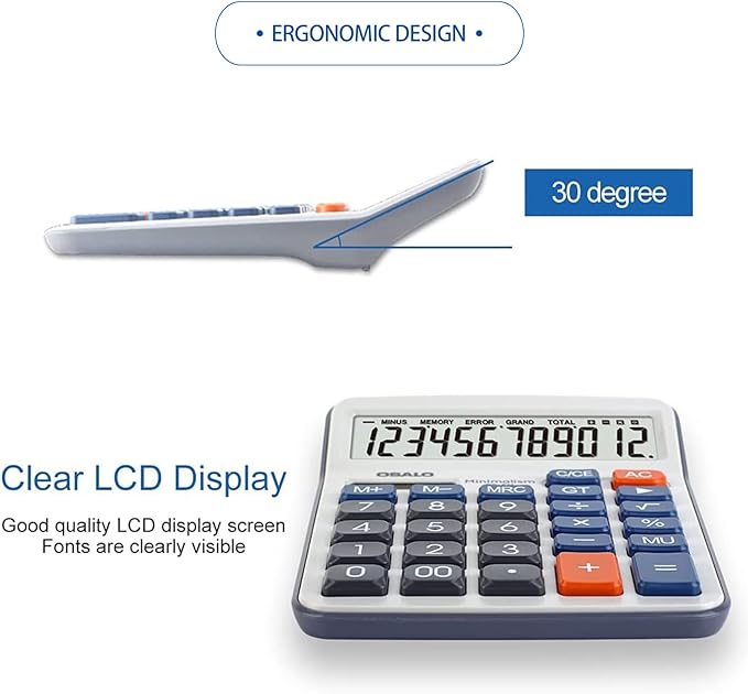 Desktop Calculator Large LCD Display 12 Digit Number Handheld Portable Pocket Basic Calculator with Big Soft Sensitive Button, Battery and Solar Powered, for Office Home School Use(OS-6M)