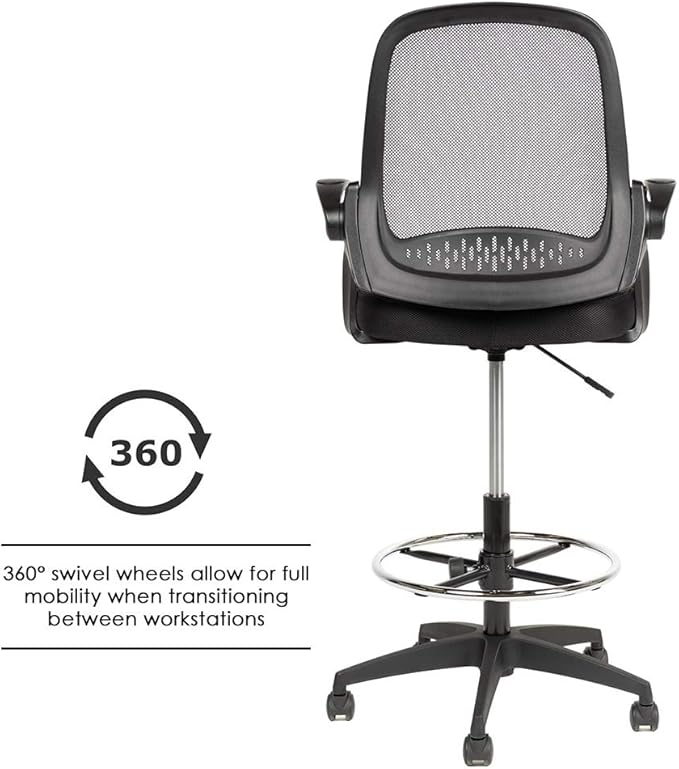 Drafting Chair Tall Office Chair Standing Desk Chair Mesh Computer Chair Adjustable Height with Lumbar Support Flip Up Arms Swivel Rolling Executive Chair,Black …