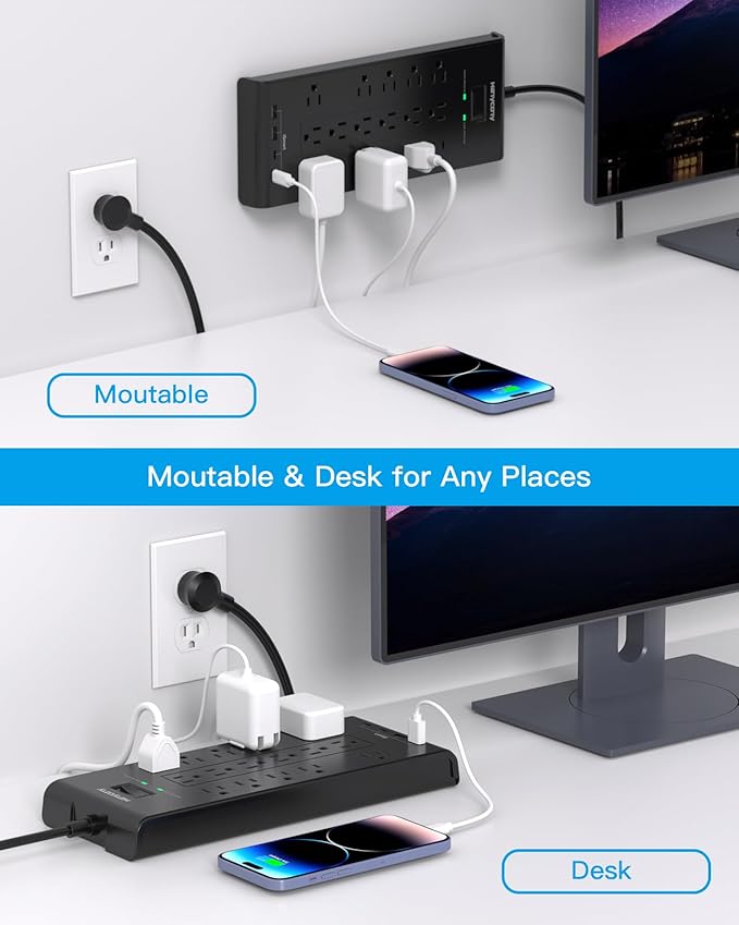 Extension Cord 15 Ft, HANYCONY Power Strip with 16 Oultets 4 USB Ports(2 USB C), 2700 Joules Heay Duty Surge Protector, Flat Plug, Wall Mount for Home Office, ETL Listed, Black