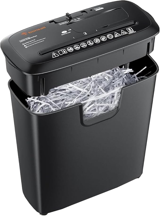 Bonsaii 8-Sheet Strip-Cut Shredder for Home – Compact Home Office Paper Shredder with Overheat Protection, Capable of Shredding CDs and Credit Cards, Includes a 3.4-Gallon Waste Bin
