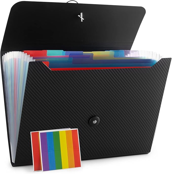 Expanding File Folder with 13 Pockets - Accordion Filing Folder for Documents - Aesthetic Black Paper Organizer for Work, School, Home, Office