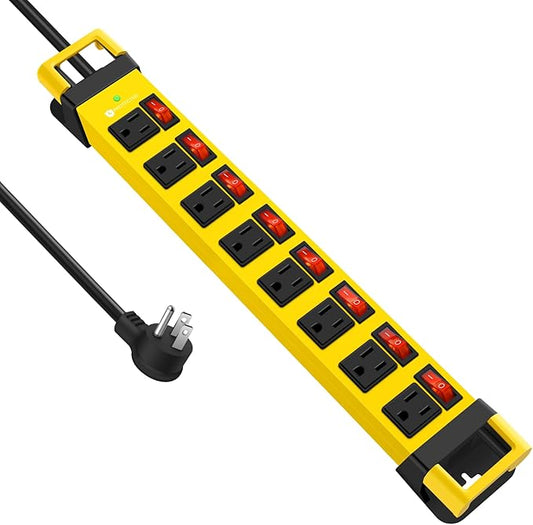 Heavy Duty Power Strip with Individual Switches,8 Outlets 14 Gauge Industrial Shop Garage Metal Multiple Outlets,1200J Surge Protector Mountable Power Strip,10FT Extension Cord Management(Yellow)