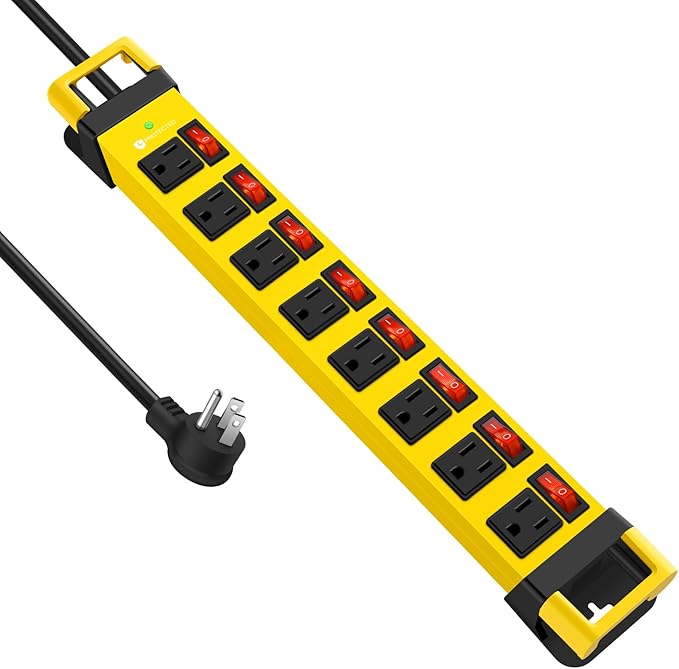 Heavy Duty Power Strip with Individual Switches,8 Outlets 14 Gauge Industrial Shop Garage Metal Multiple Outlets,1200J Surge Protector Mountable Power Strip (Yellow, 25 FT)