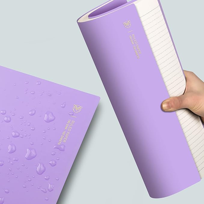 EMSHOI A4 Spiral Notebook College Ruled Lined Journal, 11.2" x 8.27", 300 Pages, 100gsm Thick Paper, Waterproof Softcover, Twin-Wire Binding, Sticky Notes, Purple