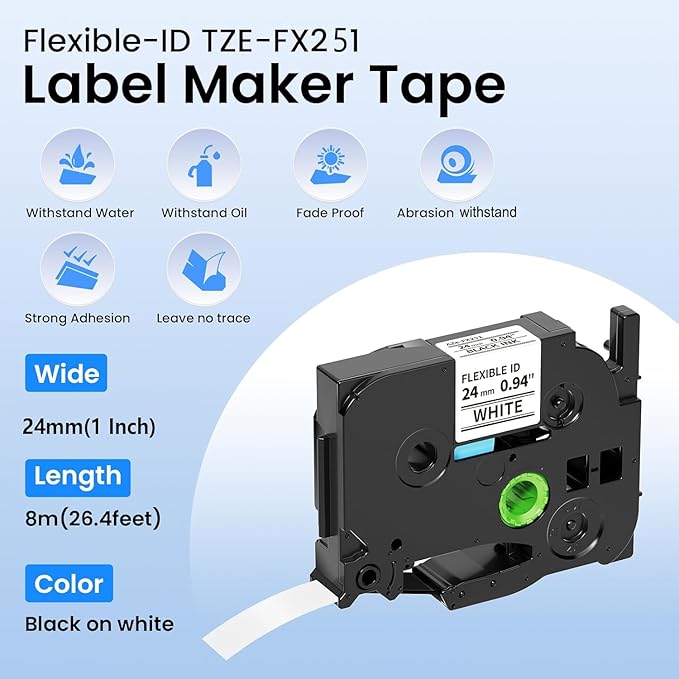 Flexible-ID TZe-FX251 Label Tape 24mm Compatible with Brother P-touch Flexible Label TZeFX251 FX251 1 inch, Suited for Wire Wrapping and Frlagging for PTE560TVP PTD600 PTP710BT Label Maker, 4pk