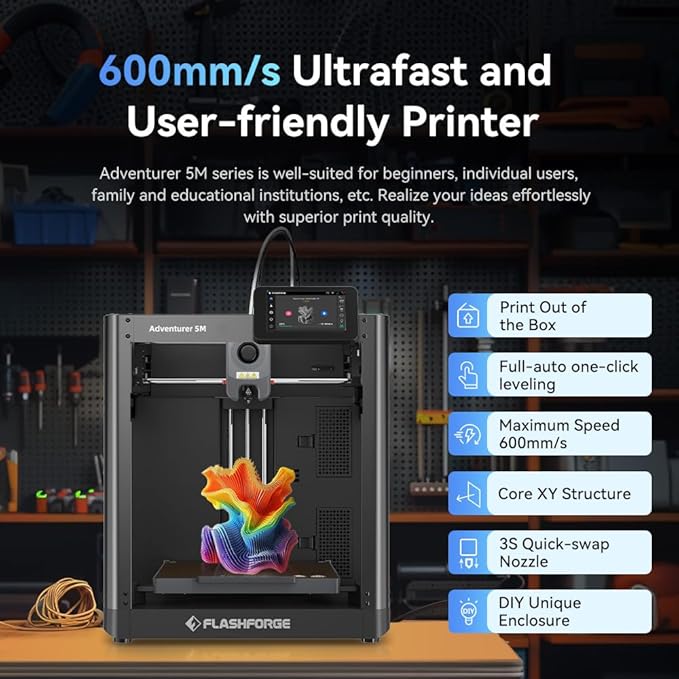 FLASHFORGE Adventurer 5M 3D Printer with Fully Auto Leveling System, Max 600mm/s High-Speed, 280℃ Quick-Detach Nozzle, CoreXY Structure for Superior Print Quality, Rookies & Experts Smart Choice