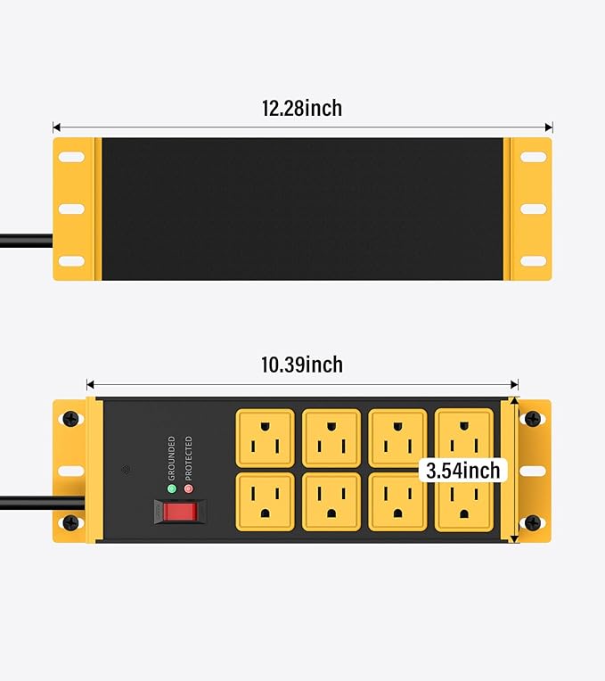 HHSOET 2 Pack Heavy Duty Power Strip 8 Outlets, Metal Wall Mount Outlet Strip 4800J Surge Protector, Garage Shop Under Desk Mountable 10FT Extension Cord Plug.