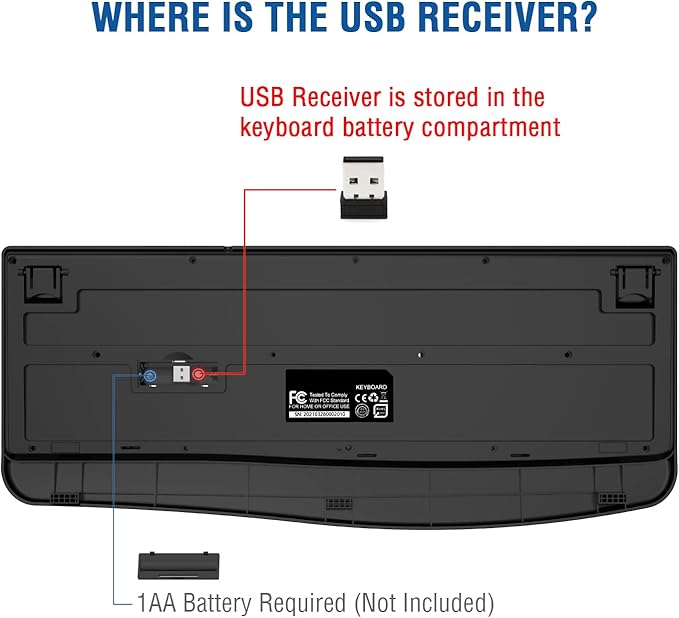 EDJO Wireless Keyboard, 2.4G Ergonomic Full Size Wireless Computer Keyboard with Wrist Rest for Windows, Mac OS Desktop/Laptop/PC（Black）