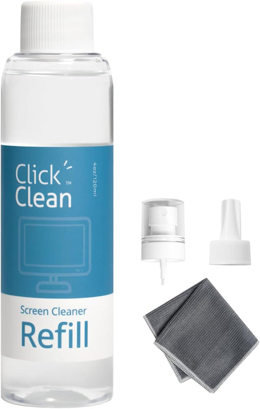Click Clean Screen Cleaner Refill Kits - 4 oz Cleaner Refill and 1 Microfiber Cloth(7.8 x 7.8in), 1 Mini Refill Funnel + 1 Sprayer - Specially Designed for Click Clean Cleaning Products