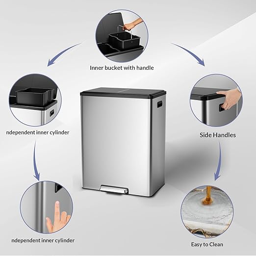 Dual Trash Can with Lid, 16 Gallon/60L Stainless Steel Recycling Trash Bin with 2 Removable Waste Buskets and Wide Pedal, Modern Garbage Bin for Home Kitchen