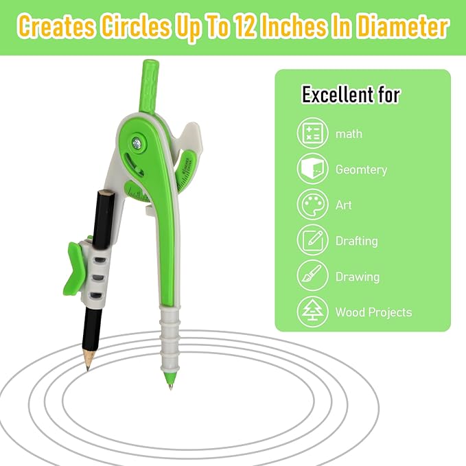 EBOOT Student Geometry Math Set, Drawing Compass and 6 Inch Clear Swing Arm Protractors 180 Degree Math Protractor (Green)