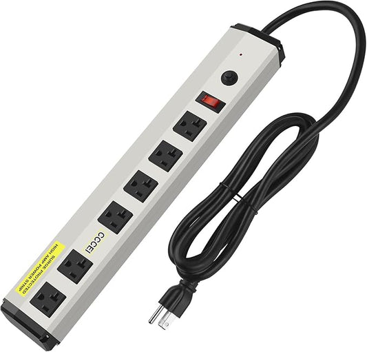 CCCEI Heavy Duty Power Strip Surge Protector 20 Amp, High Amp Industrial Shop Garage Metal Multiple Outlets, 12 FT 12 Gauge 5-15P Extension Cord 6 Outlet 6-20R T-Slot 20a for Appliance.