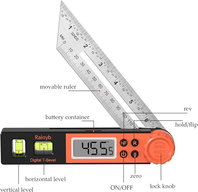 Digital Angle Finder Protractor 0-360 Degree T-Bevel Gauge & Protractor with Horizontal Vertical Bubble & Full LCD Display for Woodworking, Metalworking, Construction（7-Inch X 2Pcs）
