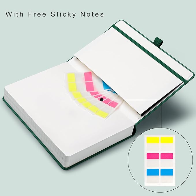 EMSHOI A5 College Ruled Notebook Journal- 400 Pages (200 sheets), 7mm Spacing & Vegan Leather Cover for Work, School, Bible Study, Bullet Journaling- with Sticky Notes, Pocket & Pen Holder- Dark Green