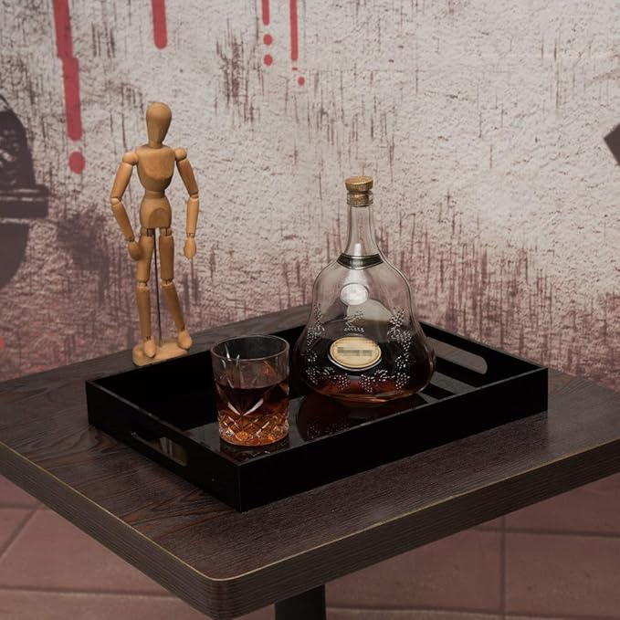 Glossy Black Sturdy Acrylic Serving Tray with Handles - 12x12 Inch Multipurpose Tray for Coffee, Appetizers, Breakfast, and More