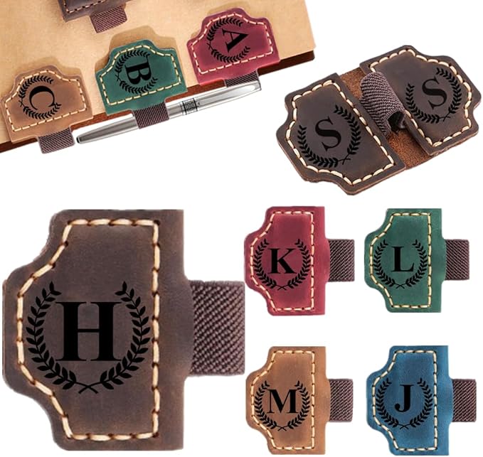 Custom Bookmark with Pen Holder with 26 Letters Personalized Magnetic Leather Book Mark, Customized Name Book Marker Clip with Initial for Men Women, Gifts for Book Lovers, Readers, (Coffee, H)