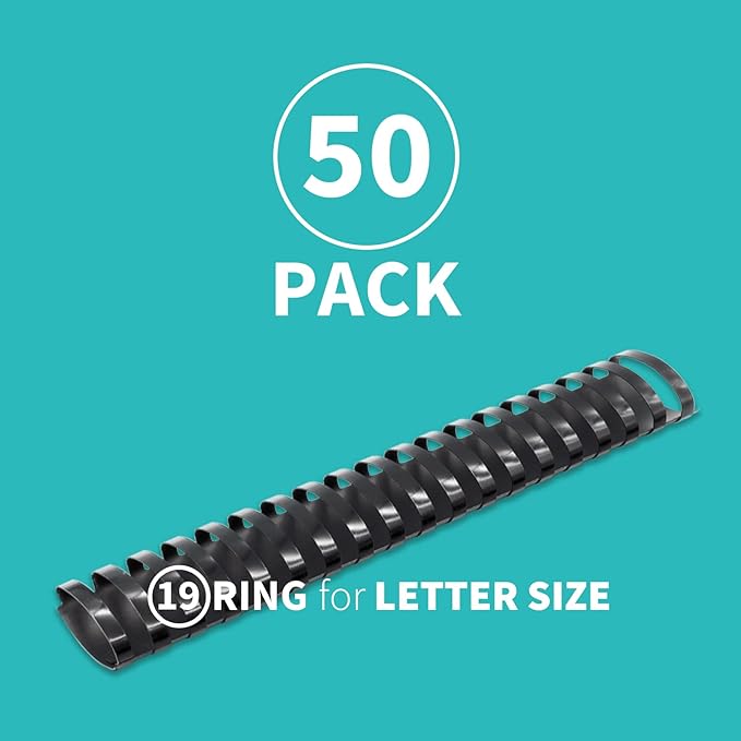 Binditek 50 Pack Plastic Binding Comb Spines, 1-1/2 Inch Diameter, 310 Sheet Capacity, 19 Ring, for Letter Size, Black, for Students and Coworkers