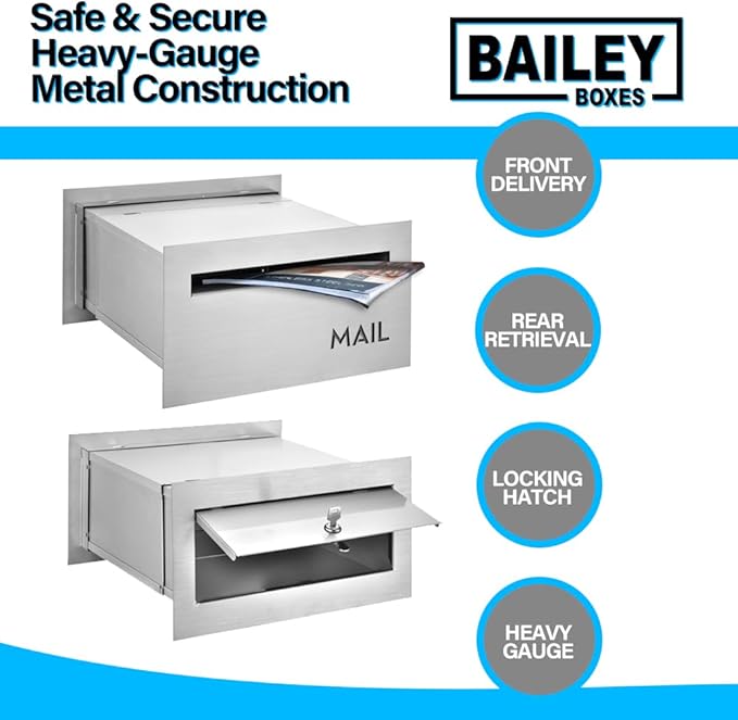 Brick-in Chute Through The Wall Stainless Steel Mailbox - Modern Architectural Locking Design - 8.75" H x 15.75" W - Enhance Your Home with The Melton from Bailey Boxes