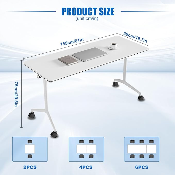 Conference Table, Folding Conference Desk Modern White, Seminar Table with Wheels, 2-10 People for Office, Meeting Break Room (6, 1915, 61IN)