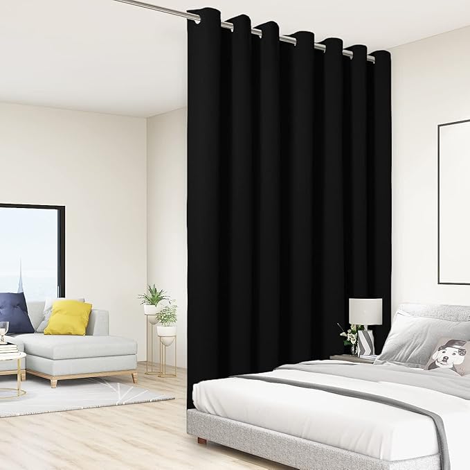 BONZER Extra Wide Room Divider Curtain Total Privacy Wall Noise Reducing Blackout Curtains for Patio Sliding Glass Door, 108L x 108W Inch (9L x 9W ft), 1 Panel, Black