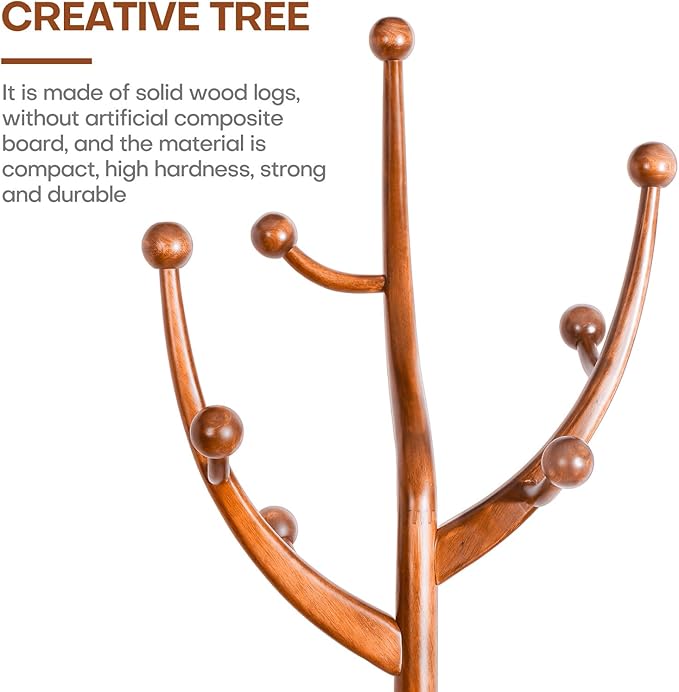 Coat Rack Freestanding Wood Tree Rack with 8 Hooks, Creative Design Tree Branch-look, Coat Tree Clothes Hanger Stand with Stable Sphere Base for Entryway, Hallway, Bedroom - Load 160lbs (Light Brown)