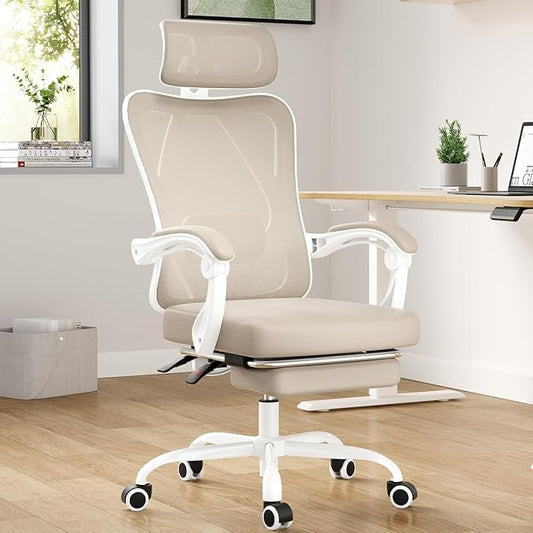 Farini Ergonomic Office Chair with Footrest, Mesh Office Desk Chair with Headrest, High Back Computer Chair with Adjustable Lumbar Support for Home Office Study Room Bedroom, White & Kakhi