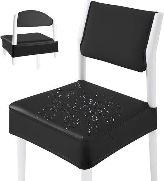 CWK Waterproof PU Leather Dining Chair Covers Set of 2-Stretchable Chair Seat Slipcovers, Removable & Washable Protector for Dining Room,Home,Office,Wedding,Rear Covers (PU-Black)