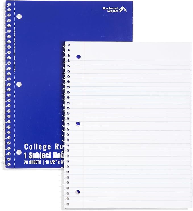 Blue Summit Spiral Notebooks Bulk, One Subject Spiral Notebook College Ruled, Perforated Notebook, 8 x 10.5 for Work and School, Paper, College Ruled, Bulk 24 Pack