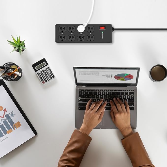 HEZI 8 Outlet Heavy Duty Power Strip, 15Amp Metal Mountable Surge Protector (2700J), Industrial Wall Mount Power Strip for Home, Office, Garage & Workshop, 10FT 14AWG Extension Cord