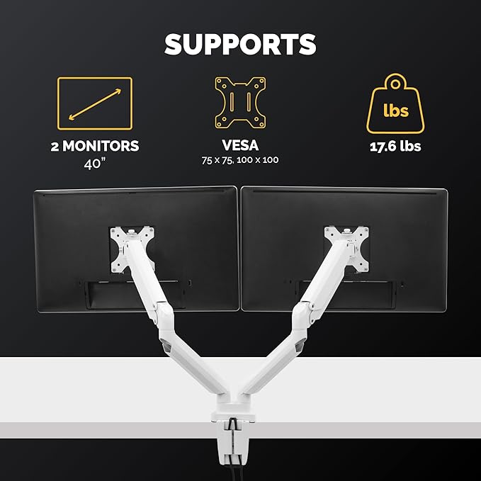 Fellowes Platinum Series Dual Monitor Arm for 40-Inch Monitors, Full Motion, 360° Rotation, VESA Mount with Grommet or Clamp, USB Ports, Ergonomic, White, 8056301