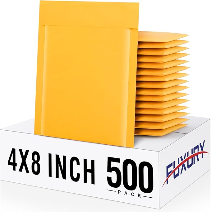 Fuxury Kraft Bubble Mailers 4x8" 500Pack Eco-Friendly Padded Envelopes Thick Bubble Envelopes Usable Size 4x7" Waterproof Cushioned Padded Mailers Packaging for Small Business #000 Yellow