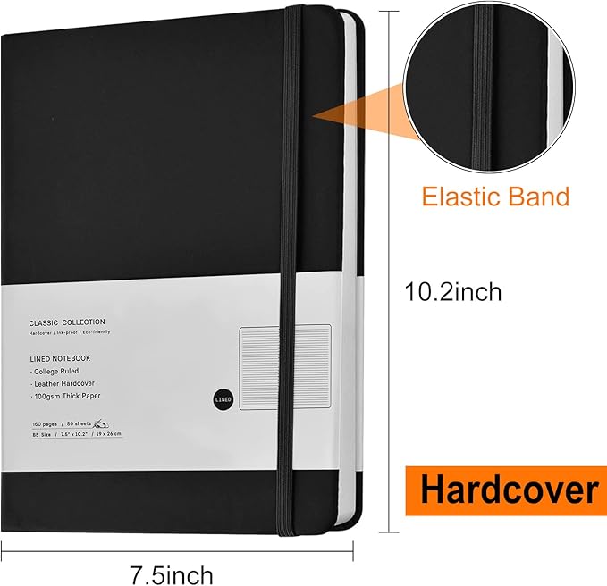 Coopay 12 Pack B5 Notebooks Journal College Ruled Composition Notebooks Classic Hardcover Lined Journals for Office Home School Business Writing Note Taking, 10.2" x 7.5", 100GSM Thick Paper (Black)