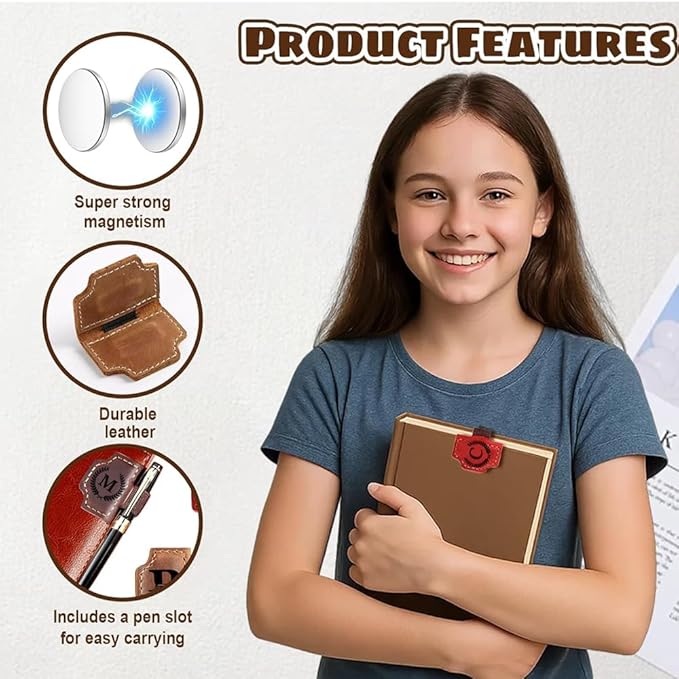 Custom Bookmark with Pen Holder with 26 Letters Personalized Magnetic Leather Book Mark, Customized Name Book Marker Clip with Initial for Men Women, Gifts for Book Lovers, Readers, (Brown, D)