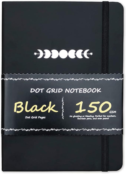 BUKE Dotted Journal - Dot Grid Notebook - 150gsm No Bleed Black Paper - 160 Black Pages - For Women and Men - A5 PU Leather Hardcover 5.75" x 8.5" and Gift Box (BKB-3)