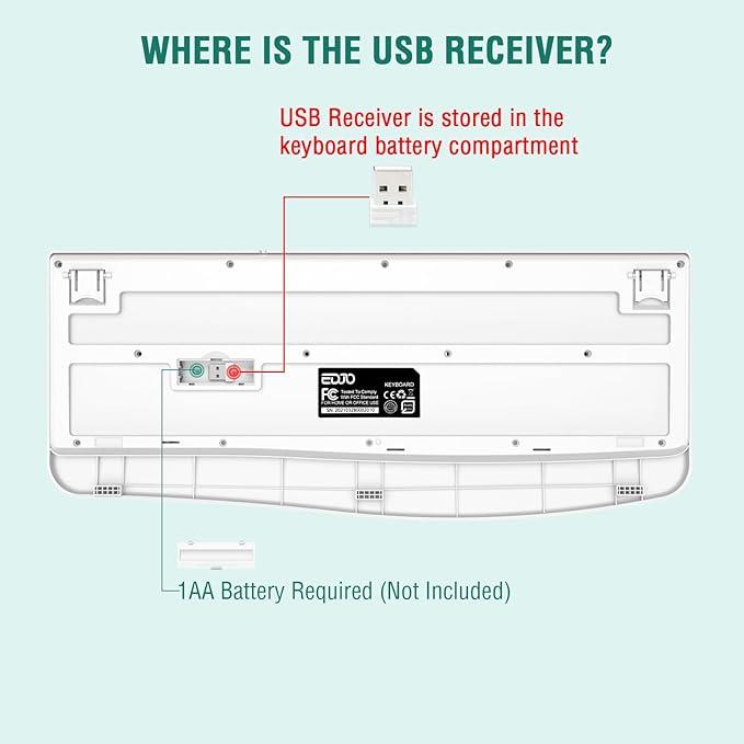 EDJO Wireless Keyboard, 2.4G Ergonomic Full Size Wireless Computer Keyboard with Wrist Rest for Windows, Mac OS Desktop/Laptop/PC（White）